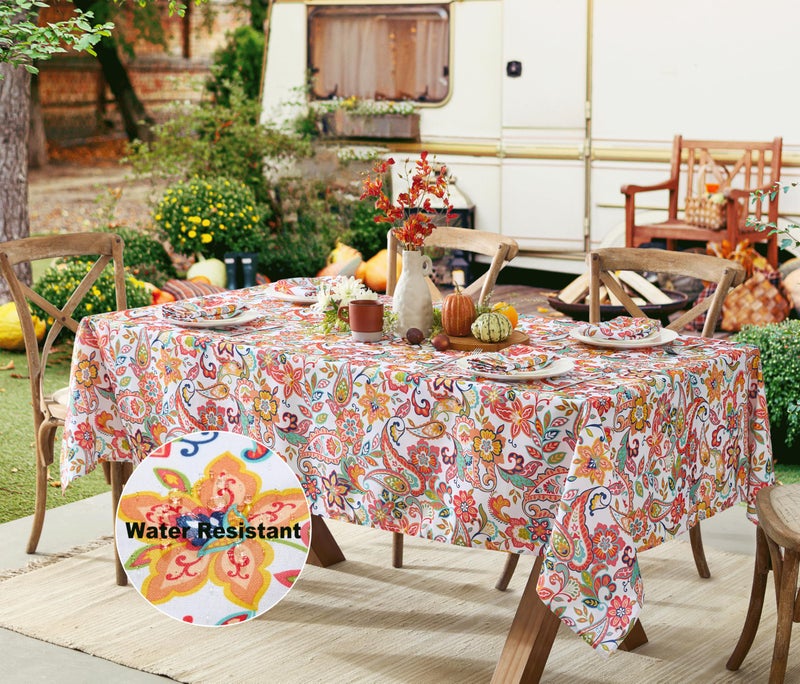 Newbridge Rectangle Fabric Tablecloth, Bohemian Coral Paisley, 60 x 84 Inch, Stain and Water Resistant Heavy Weight Summer Table Cover, Boho Chic Multicolor Floral - Image 3